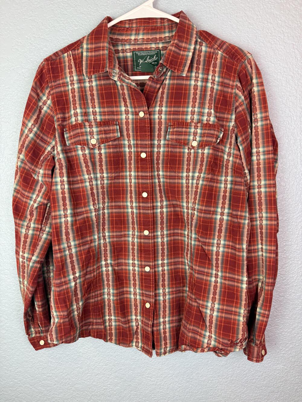 Woolrich Shirt Womens Large Red Plaid Pearl Snap Button Up Long Sleeve Top